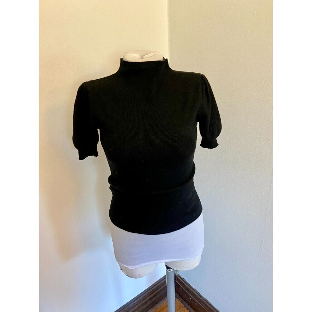 Black Ribbed Mock Neck Short Sleeve Knit Top Med Soft Sweater Light Weight Stret